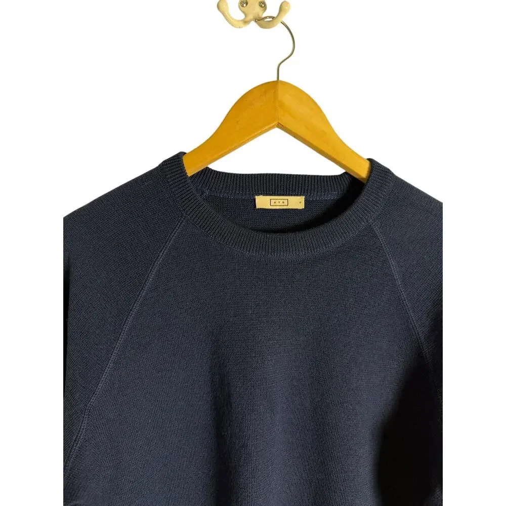 AYR The Two-a-Days Navy Blue Merino Wool Crewneck Pullover Sweater Size Small